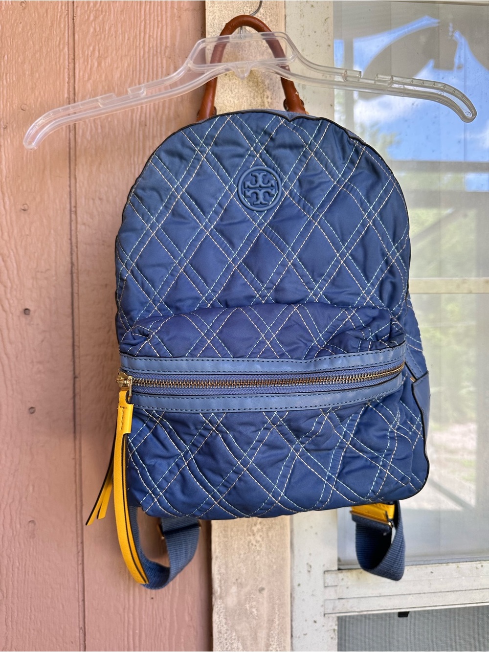 Tory Burch Navy Quilted Mini Backpack with Yellow Trim
